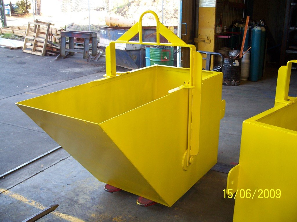 Welded and painted steel lifting bin at Pressform